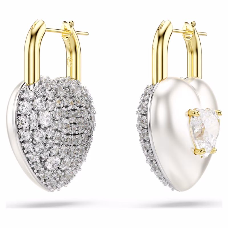 Swarovski Idyllia Drop Earrings, Various Cuts, Heart, White, Gold Alloy Layer